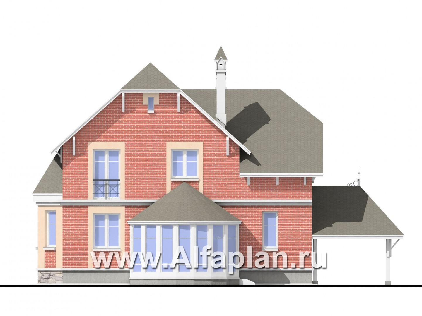 «Фаворит» - проект двухэтажного дома, планировка с эркером и двусветной гостиной, навес для авто - фасад дома