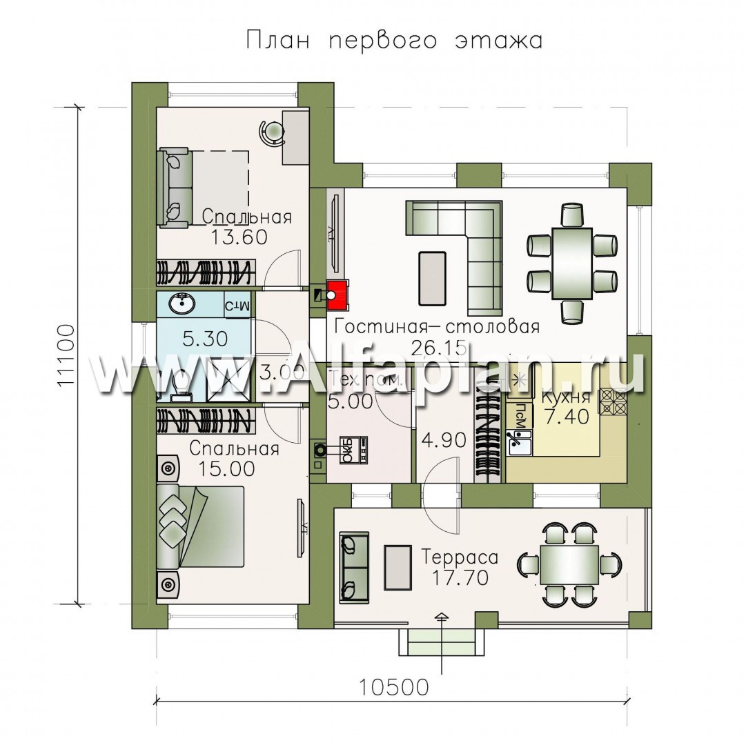 Проекты домов Альфаплан - «Онега» - компактный одноэтажный коттедж с двумя спальнями - изображение плана проекта №1