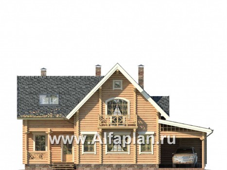 Проекты домов Альфаплан - Деревянный дом с террасой и навесом для машины - превью фасада №1