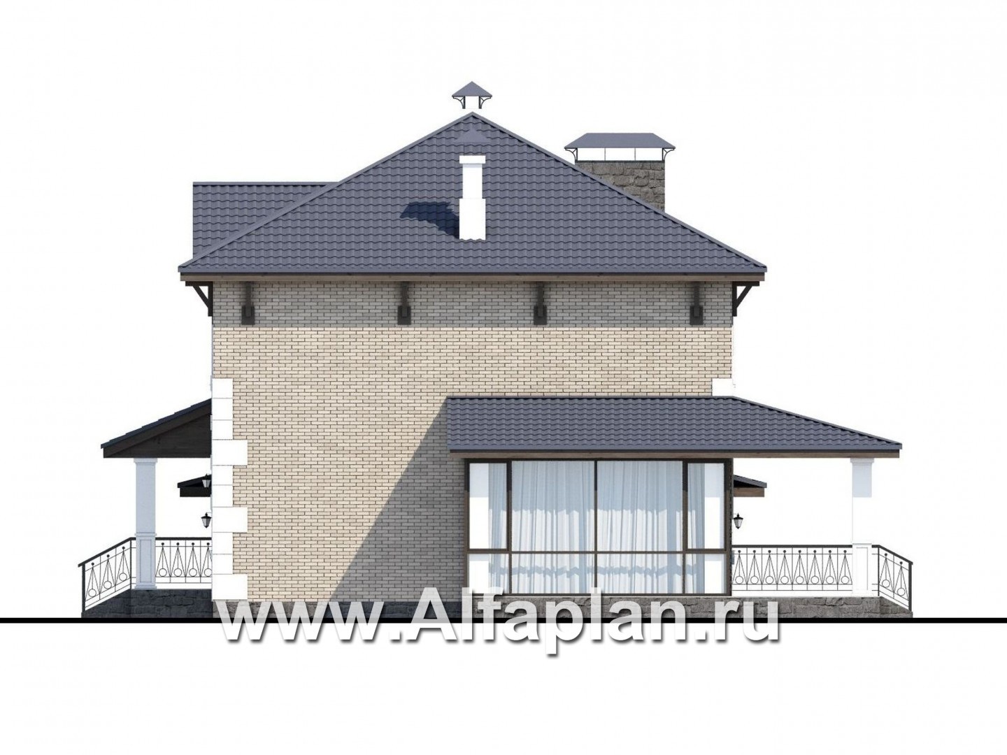 Проекты домов Альфаплан - «Земляничная поляна» - двухэтажный коттедж с гаражом и верандой - изображение фасада №2