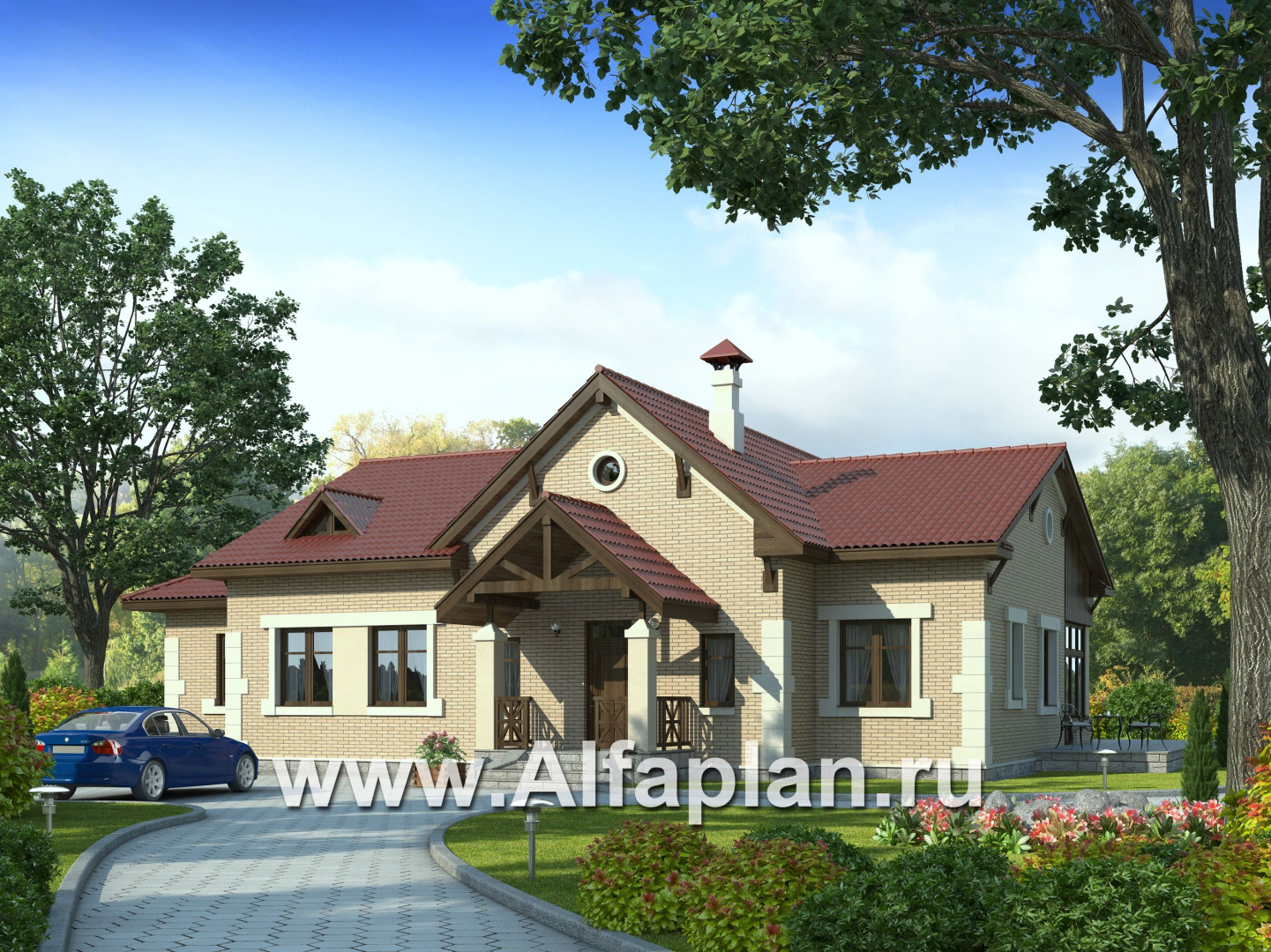 Проекты домов Альфаплан - «Поместье» - одноэтажный дом с удобной планировкой - основное изображение