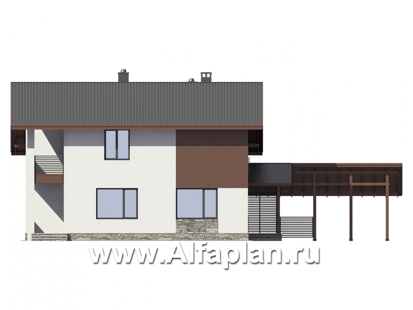 Проекты домов Альфаплан - Экономичный дом с навесом для машины - изображение фасада №2
