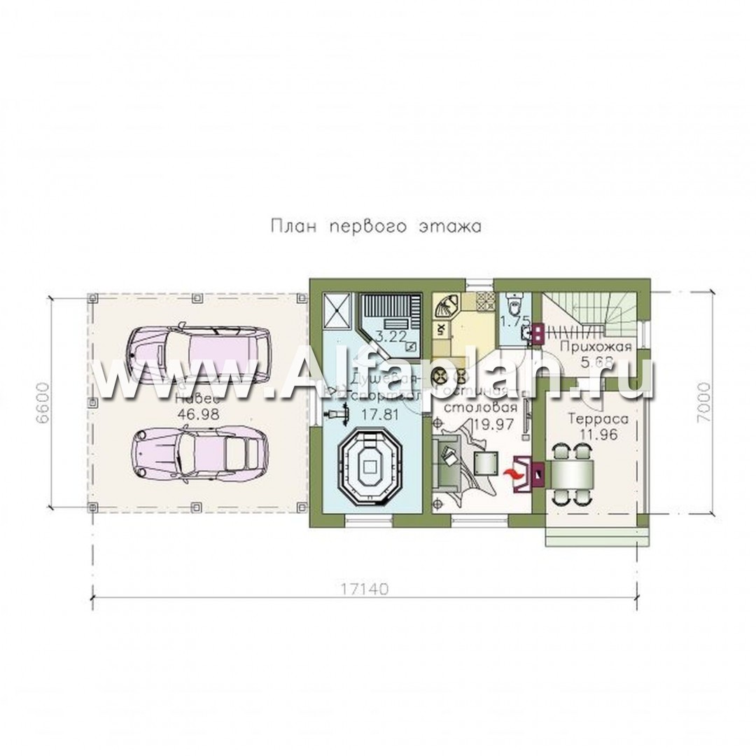 Проекты домов Альфаплан - Сауна с гостевой квартирой в мансарде и навесом на два автомобиля - изображение плана проекта №1
