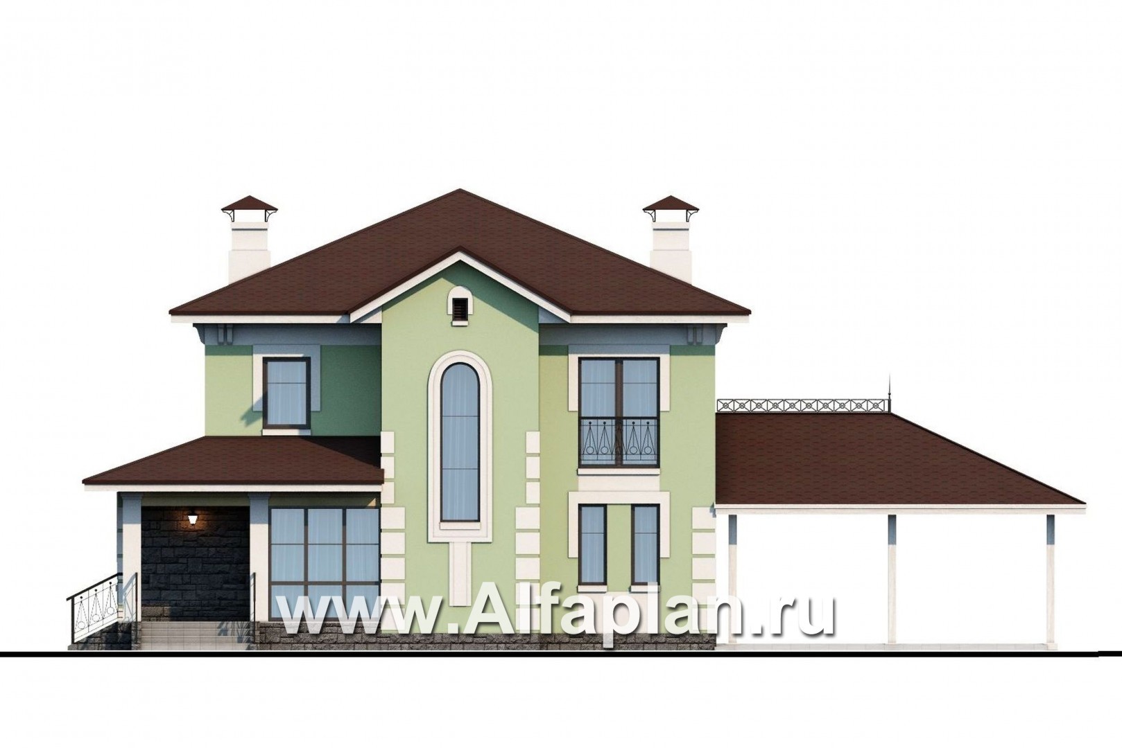 Проекты домов Альфаплан - «Кваренги» - коттедж с террасой и навесом для машины - изображение фасада №1
