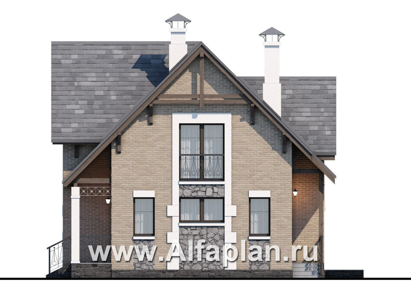 Проекты домов Альфаплан - Коттедж из кирпича «Семейное гнездо» с комфортной современной планировкой - изображение фасада №2
