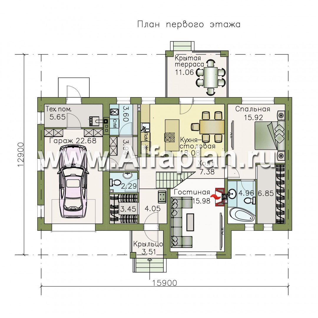 Проекты домов Альфаплан - «Простоквашино» - небольшой дом с мансардным вторым этажом и гаражом - план проекта №1