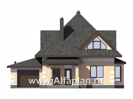 Проекты домов Альфаплан - Компактный мансардный дом c гаражом из газобетона - превью фасада №1