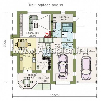 Проекты домов Альфаплан - «Корона» - коттедж с гаражом, навесом и красивым эркером - превью плана проекта №1