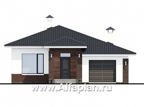 Проекты домов Альфаплан - «Каллиопа» - одноэтажный дом с террасой и гаражом (две спальни) - превью фасада №1
