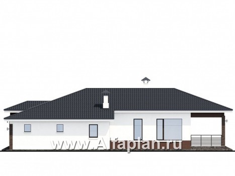 Проекты домов Альфаплан - «Каллиопа» - одноэтажный дом с террасой и гаражом (две спальни) - превью фасада №2