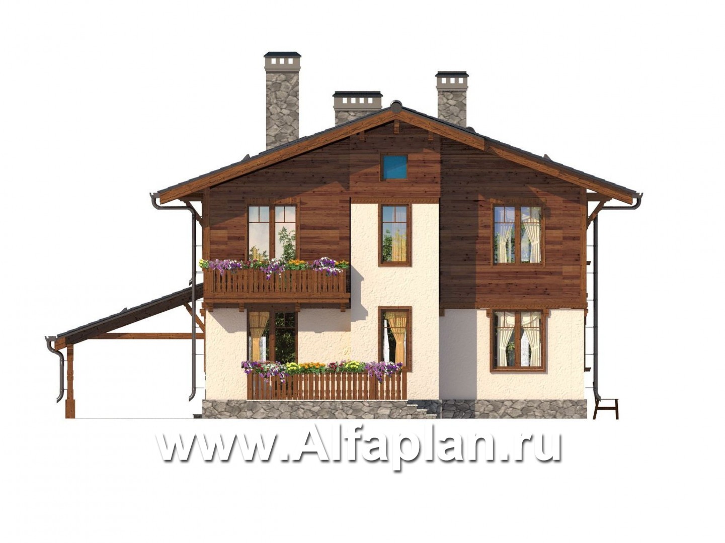 Проекты домов Альфаплан - Двуxэтажный дом с навесом для машины - изображение фасада №4