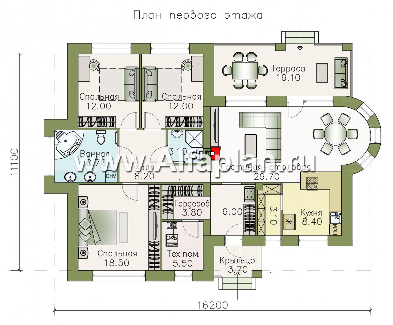 Проекты домов Альфаплан - «Вуокса» - одноэтажный дом с просторной гостиной-столовой - изображение плана проекта №1