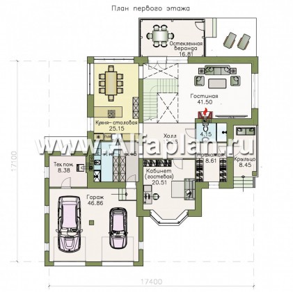 Проекты домов Альфаплан - «Диадема»- респектабельный коттедж с большим гаражом - превью плана проекта №1