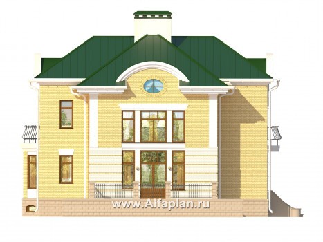 Проект двухэтажного дома, план с гостевой на 1 эт и с террасой, мастер спальня, сауна и бассейн в цоколе, в русском стиле - превью фасада дома