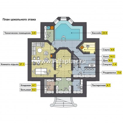 Проект двухэтажного дома, план с гостевой на 1 эт и с террасой, мастер спальня, сауна и бассейн в цоколе, в русском стиле - превью план дома