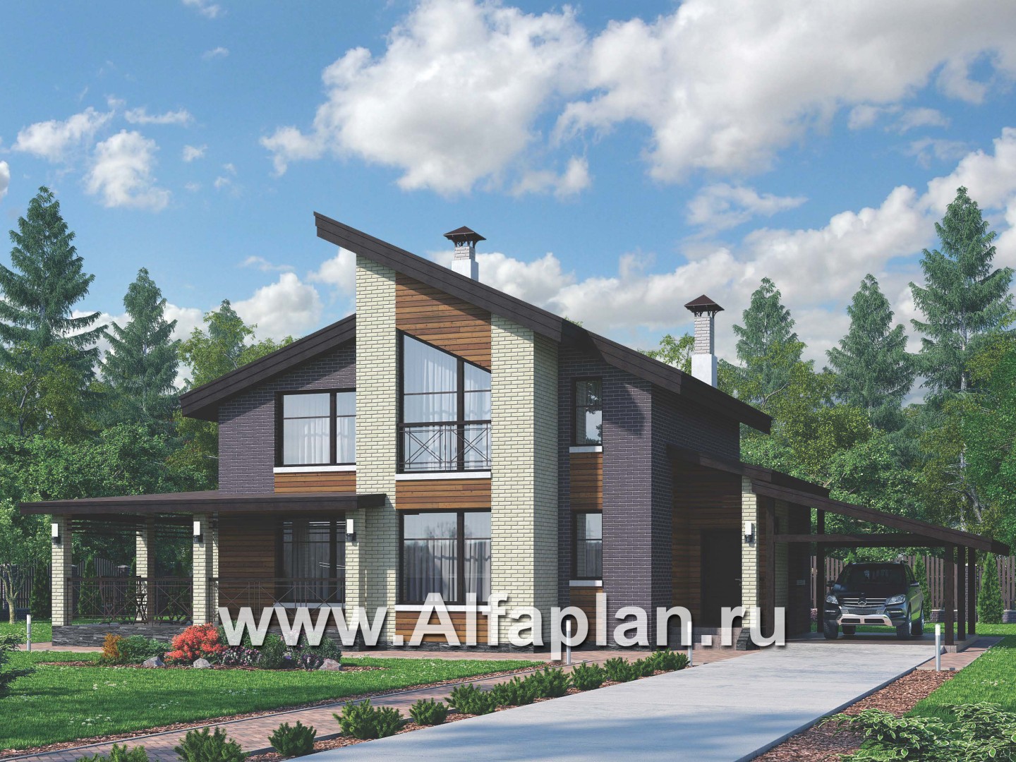 Проекты домов Альфаплан - 792В - «Стимул» - проект стильного двухэтажного дома с гаражом-навесом - основное изображение