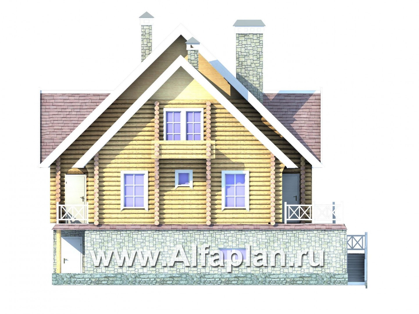 Проекты домов Альфаплан - Бревенчатый дом с высоким цоколем - изображение фасада №1