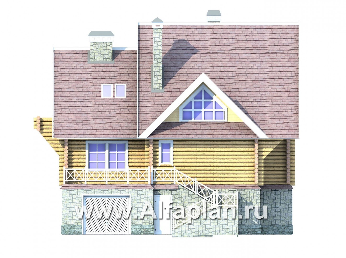 Проекты домов Альфаплан - Бревенчатый дом с высоким цоколем - изображение фасада №3