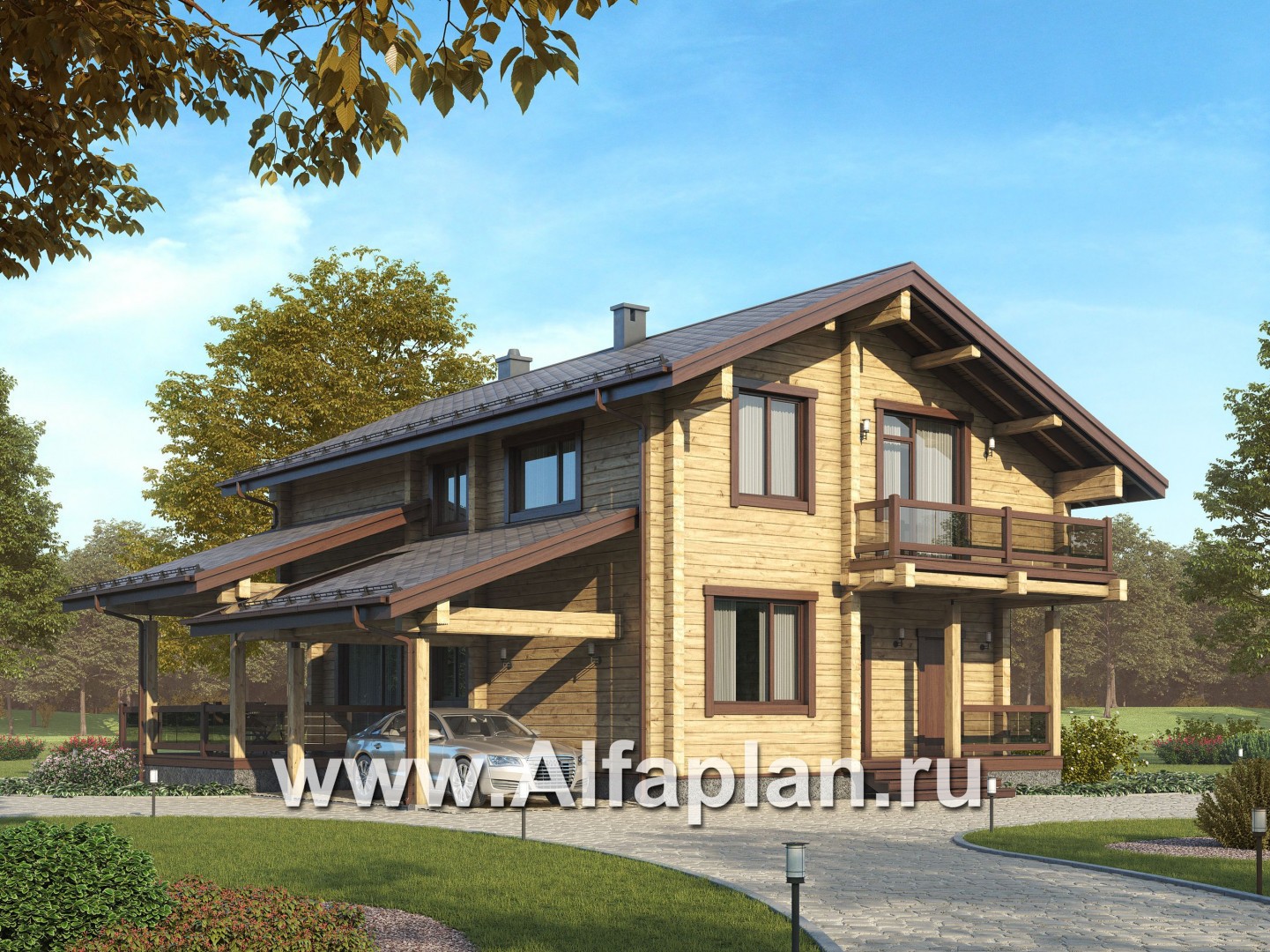 Проекты домов Альфаплан - Дом из бруса с навесом для машины и угловой террасой - основное изображение
