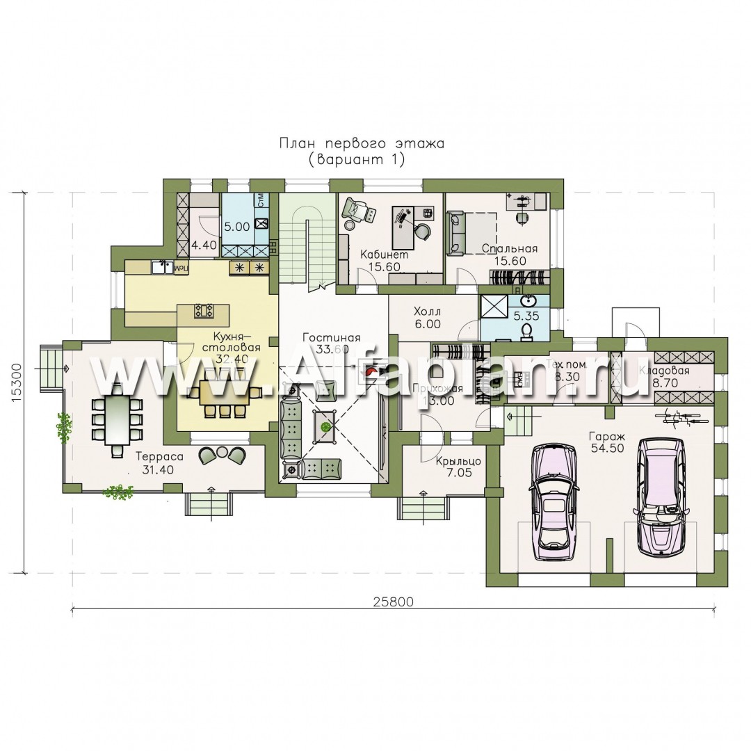 Проекты домов Альфаплан - «Арно» - классический особняк с двусветной столовой и большим гаражом - изображение плана проекта №2