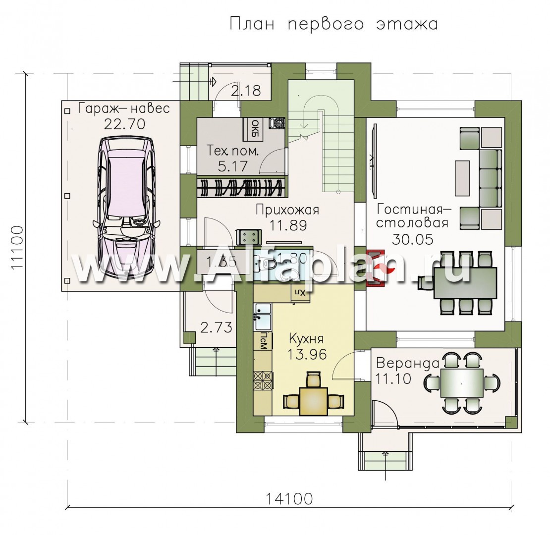 Проекты домов Альфаплан - «Реалист» - загородный дом с верандой и навесом для машины - план проекта №1