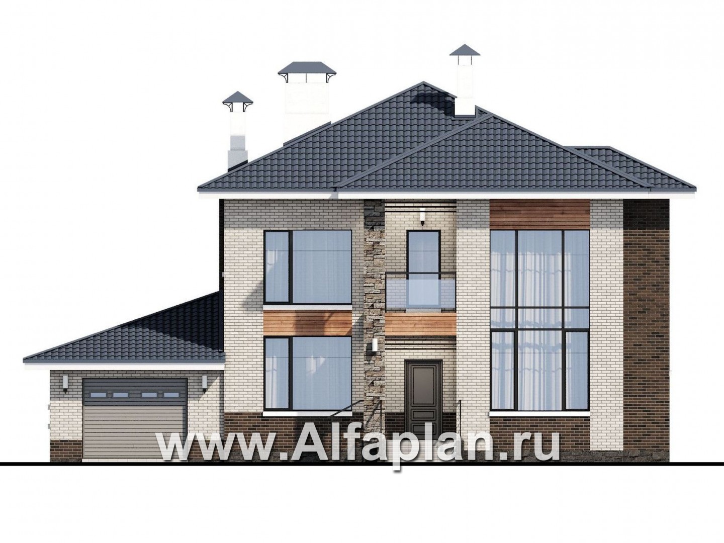 Проекты домов Альфаплан - «Вязьма» - удобный коттедж с двусветной гостиной и гаражом - изображение фасада №1