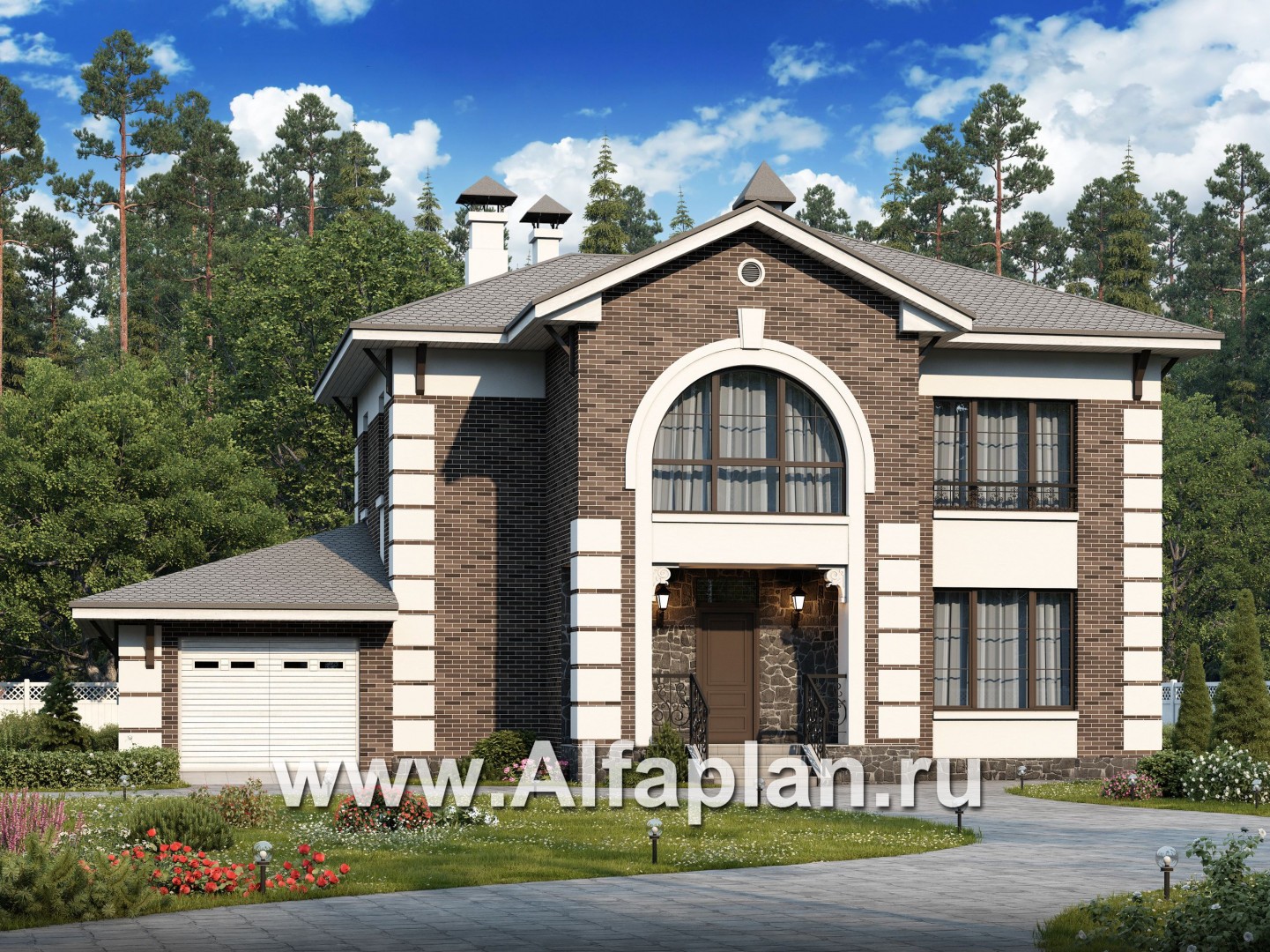 Проекты домов Альфаплан - «Вернисаж» - элегантный коттедж с гаражом и верандой - основное изображение