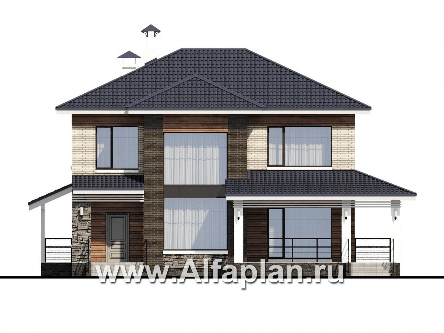 Проекты домов Альфаплан - «Светлая полоса» - современный двухэтажный коттедж с верандой - изображение фасада №1