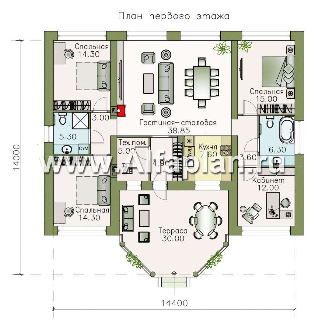 Проекты домов Альфаплан - «Леда» - одноэтажный дом с четырьмя комнатами и большой террасой - план проекта №1