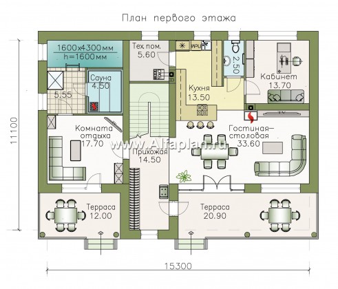 Проекты домов Альфаплан - «Гоген» - коттедж с эксплуатируемой кровлей - превью плана проекта №1