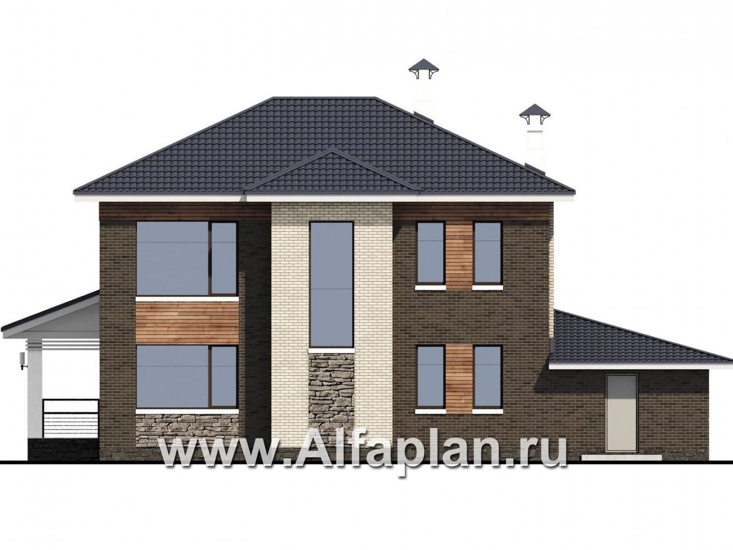 Проекты домов Альфаплан - «Светлая полоса» - современный двухэтажный коттедж с гаражом и верандой - изображение фасада №3