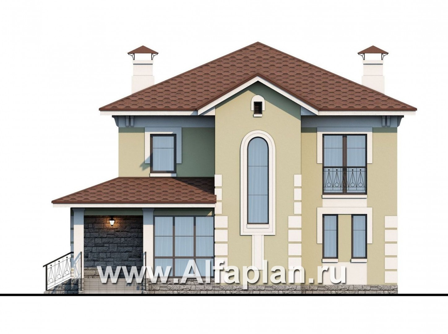 Проекты домов Альфаплан - «Кваренги» - классический коттедж с террасой и просторной лоджией - изображение фасада №1