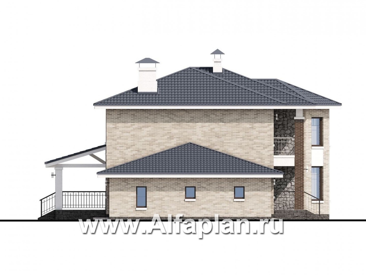 Проекты домов Альфаплан - «Благополучие» - классический коттедж с открытой планировкой и гаражом - изображение фасада №4