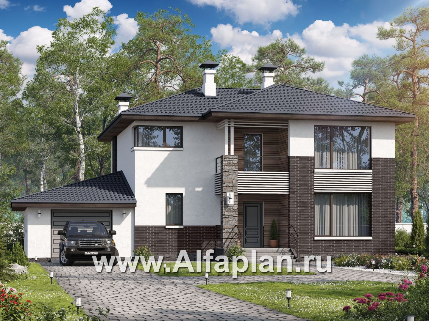 Проекты домов Альфаплан - «Страйк» - современный дом с открытой планировкой и гаражом - основное изображение