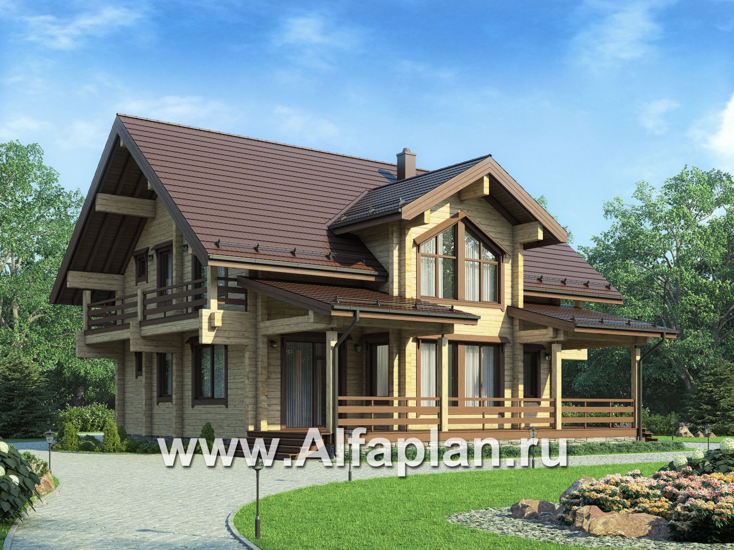 Проекты домов Альфаплан - Деревянный дом с гостевым блоком - основное изображение
