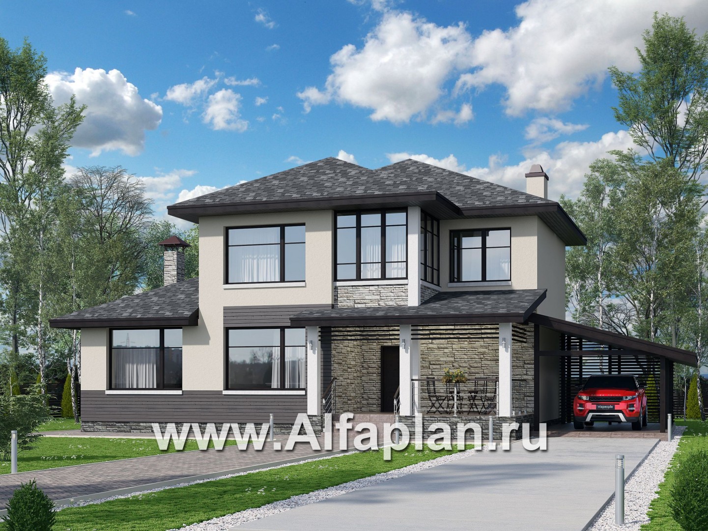 Проекты домов Альфаплан - "Одер" - стильный двухэтажный коттедж из газобетона с гаражом-навесом - основное изображение