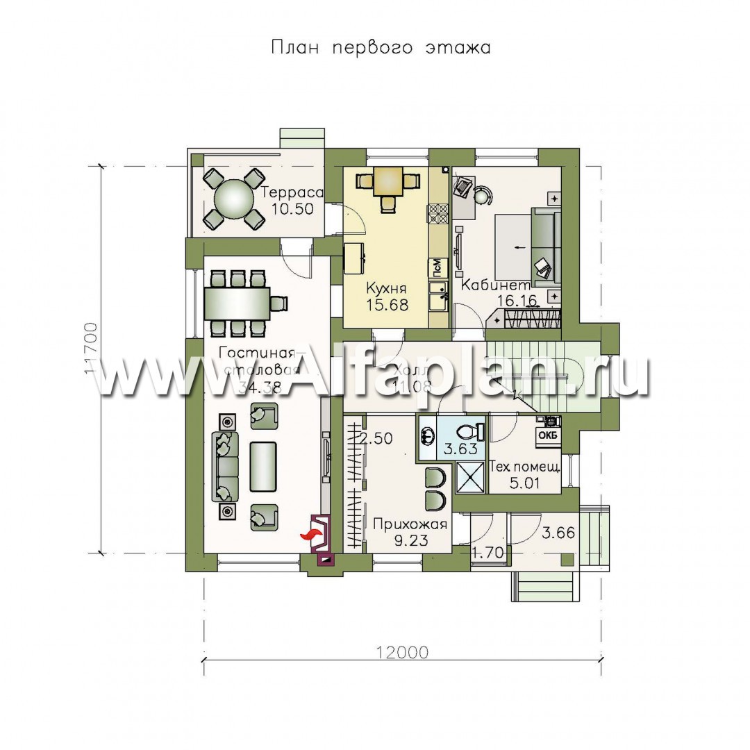 Проекты домов Альфаплан - «Простор» - компактный кирпичный дом с просторной гостиной - план проекта №1