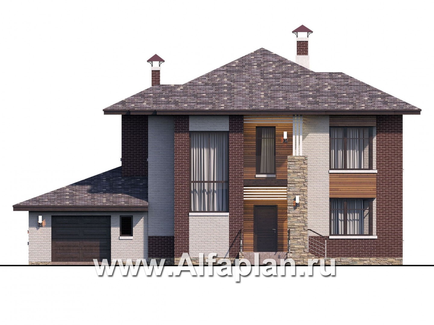 Проекты домов Альфаплан - «Эндорфин» - современный двухэтажный дом с гаражом - изображение фасада №1
