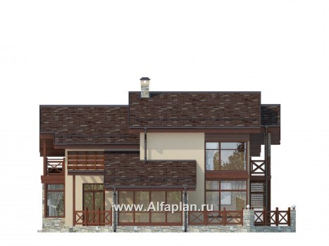 Проекты домов Альфаплан - Двухэтажный коттедж с террасами и зимним садом - превью фасада №2