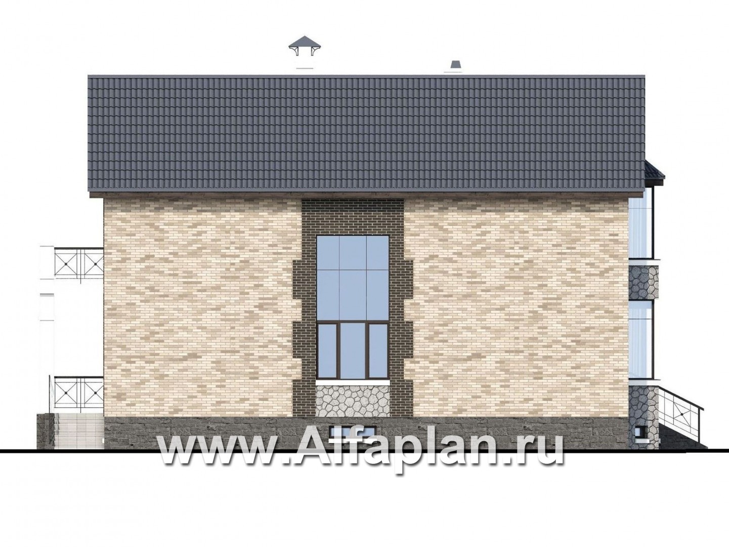 Проекты домов Альфаплан - Коттедж с цоколем и балконом-галереей на 2-ом этаже - изображение фасада №3