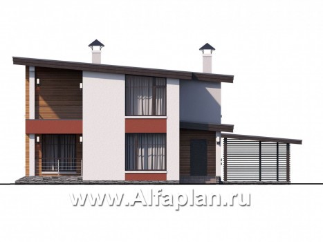 Проекты домов Альфаплан - Двухэтажный коттедж с односкатной кровлей - превью фасада №1